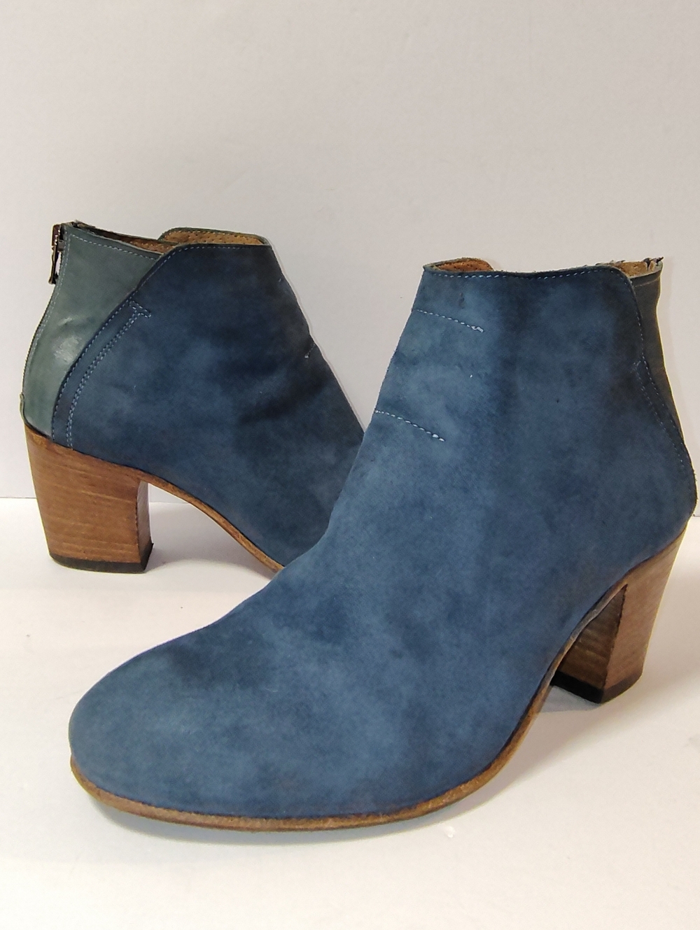 Ron White Gianna Women's Leather Suede Block Heel Zip-up Ankle Boots Blue 39/8.5